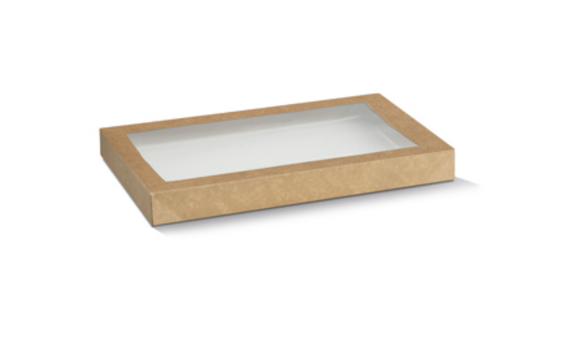 Picture of KRAFT CATERING TRAY LID SMALL WITH CLEAR PET WINDOW - 280X180X30MM 100/CTN