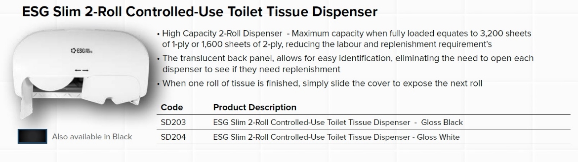 Picture of DISPENSER, TOILET PAPER ESG SLIM 2-ROLL CONTROLLED-USE - WHITE